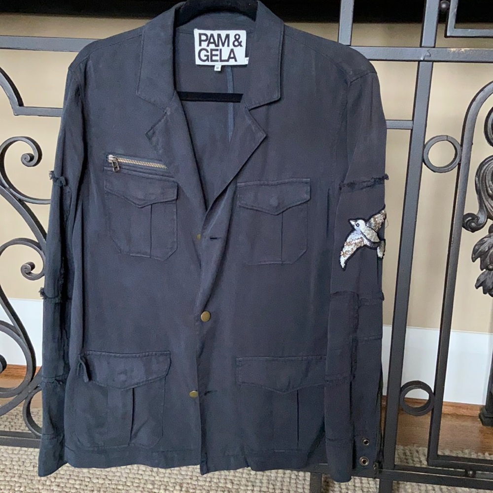 Navy blue cotton Jacket with embroidery bird